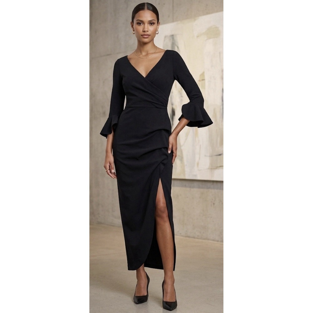 Betsy & Adam scuba crepe long sheath dress with flared sleeves Size 6‎ Black